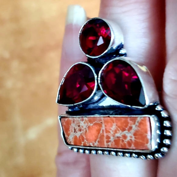 New Sea Sediment Jasper & Garnet 925 Silver Ring. - Picture 6 of 7